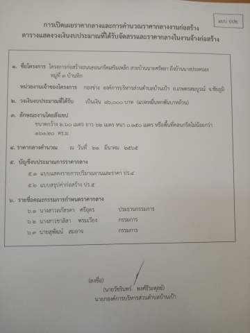 การเปิดเผยราคากลางและคำนวณราคากลางงานก่อสร้าง​ โครงการก่อสร้างถนนคอนกรีตเสริมเหล็ก​ สายบ้านนายศรัทธา​ ถึงบ้านนางประครอง​หมู่ที่3​บ้านทิก