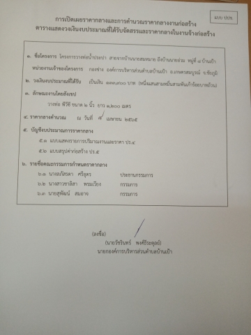 การเปิดเผยราคากลางและคำนวณราคากลางงานก่อสร้าง​ โครงการวางท่อน้ำประปา​ สายจากบ้านนายสมหมาย​ ถึงบ้านนายอ่วม​หมู่ที่​8​บ้านเป้า